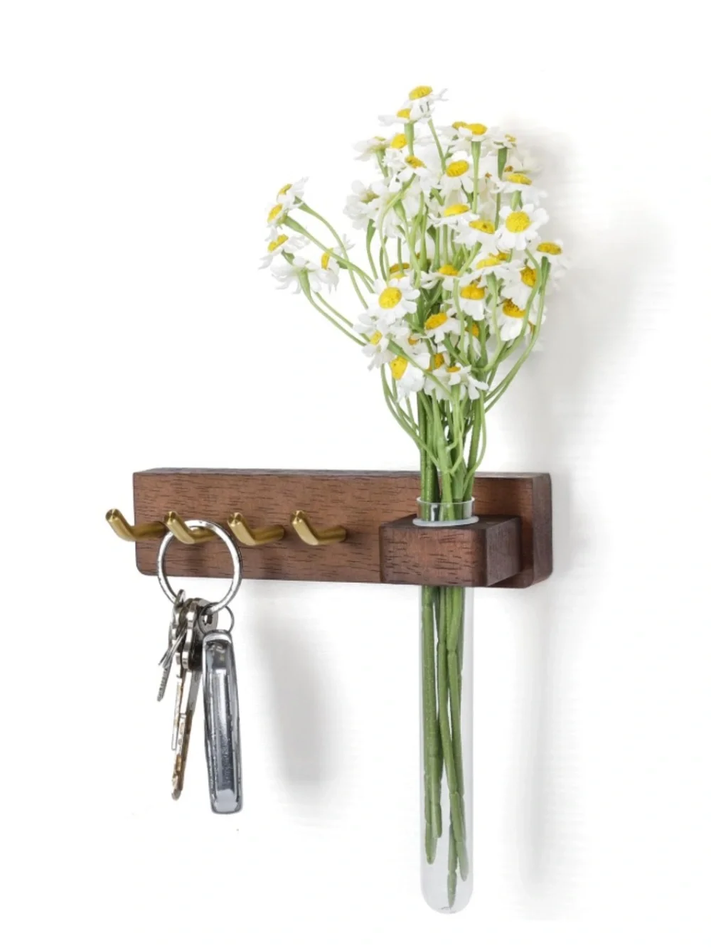Key Holder Wall Mount with Planter Tube 4 Brass Key Hooks